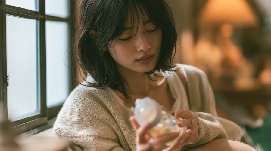 哺乳瓶を見て考える女性