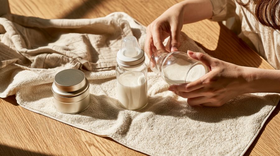 木製のテーブルの上で、哺乳びんや粉ミルクなどの授乳グッズを丁寧に並べて整理している日本人女性の手元